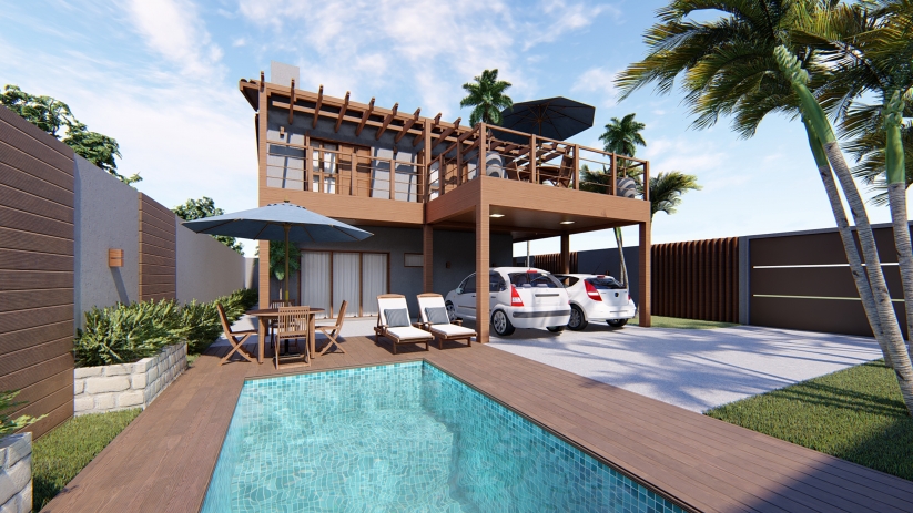 Plantas de casas sobrado com área de lazer com piscina