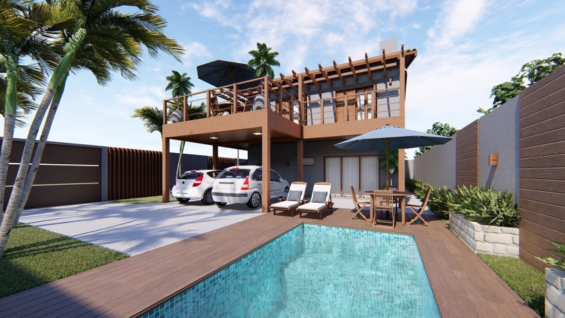 Plantas de casas sobrado com área de churrasco com piscina