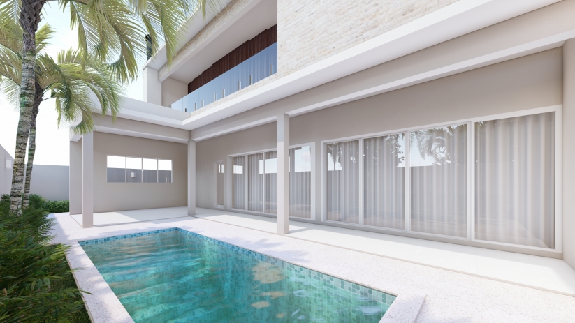 Plantas de casas com L com piscina e jardim