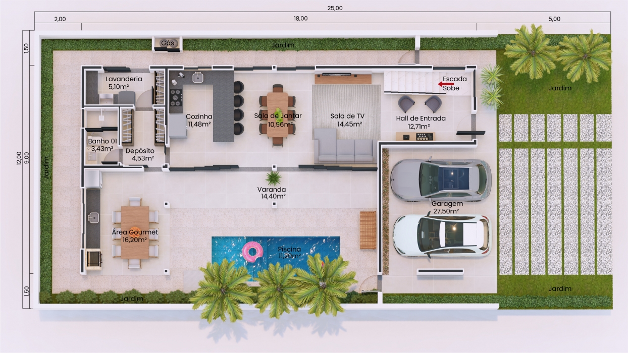 Plantas de casas em L com área gourmet e piscina