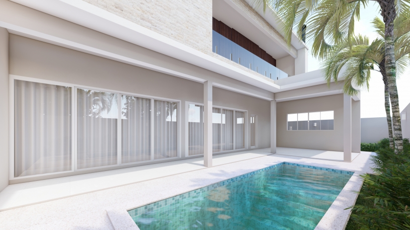 Plantas de casas com área de lazer e piscina