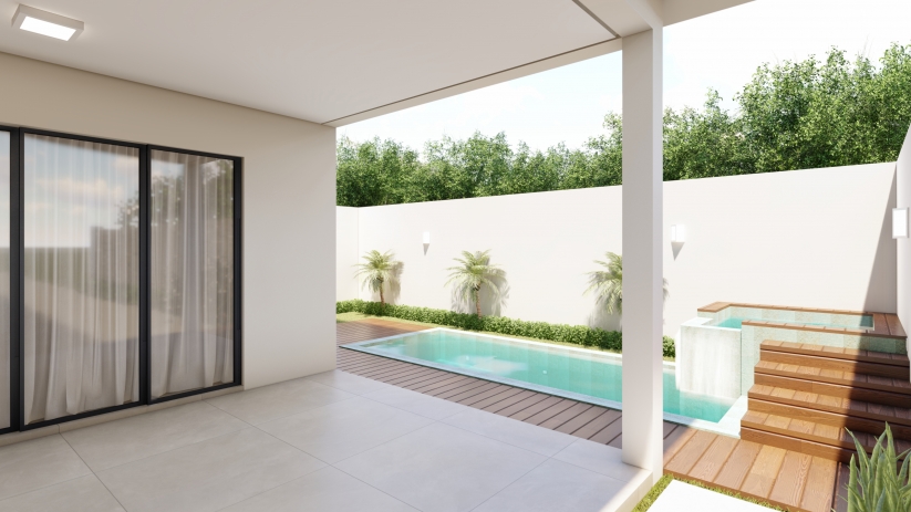 Projeto de sobrado com piscina e deck de madeira