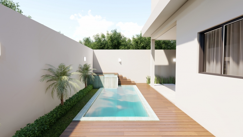 Projetos de casas sobrado com área de piscina e churrasqueira