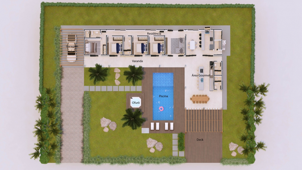 Plantas de casas de chácara em L com varanda e piscina