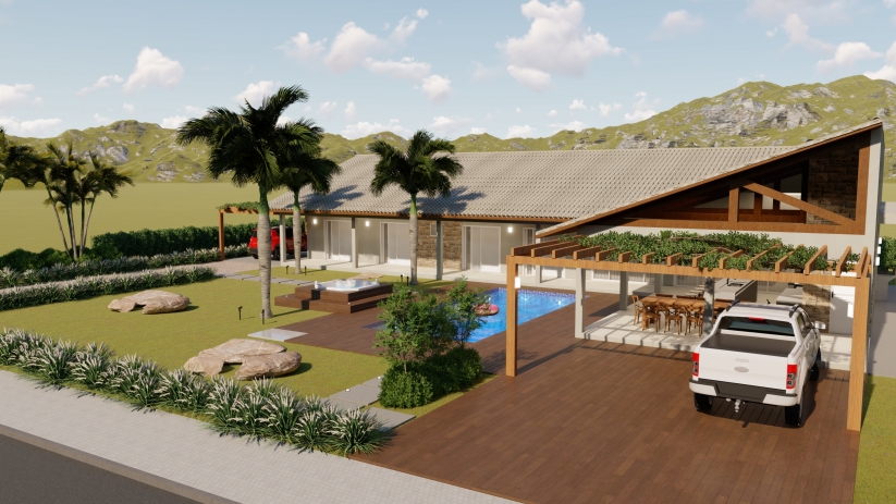 Plantas de casas de chácara com varanda, piscina e spa
