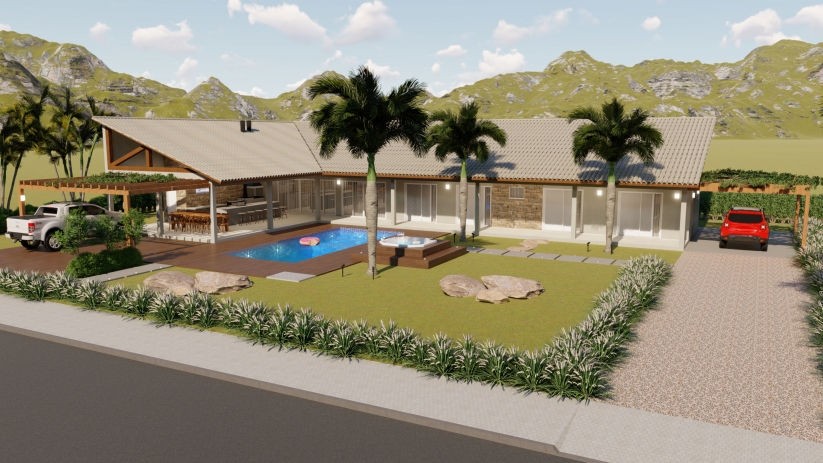 Plantas de casas de sítio com varanda e piscina