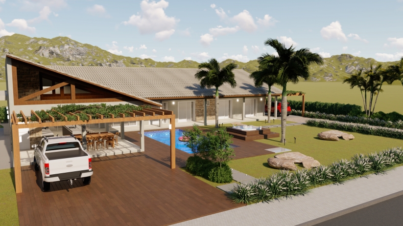 Plantas de casas de campo com piscina e cozinha integrada