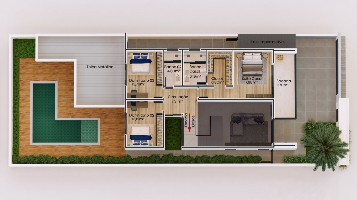Planta de Casa com 3 dormitórios