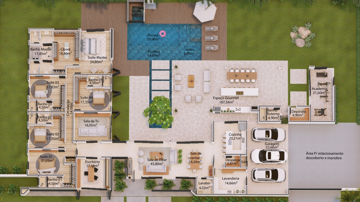 Plantas de casas alto padrão com 5 suítes, academia e piscina