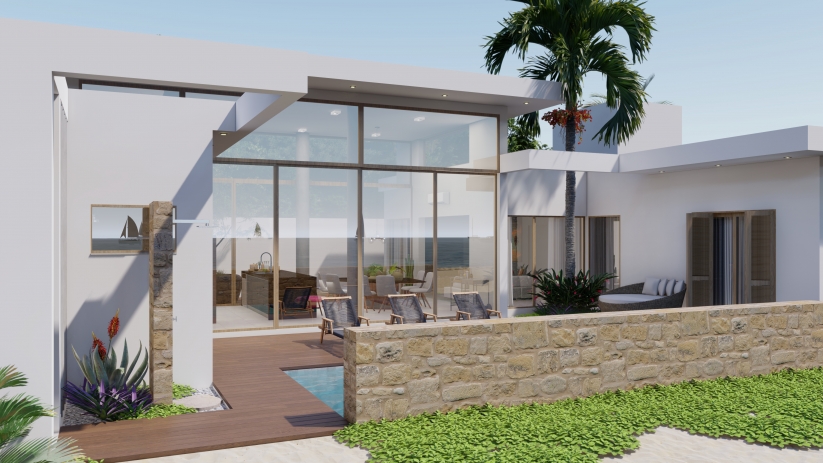 Planta de casa de praia com pé direito-duplo