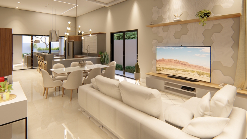 Projetos de casas com sala de tv integrada