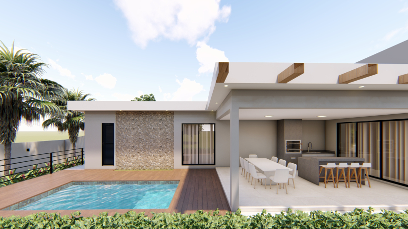 Planta de casa térrea com área gourmet