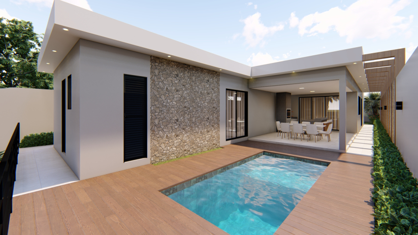 Planta de casa térrea com piscina