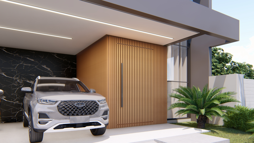 Planta de casa sobrado com detalhes amadeirados