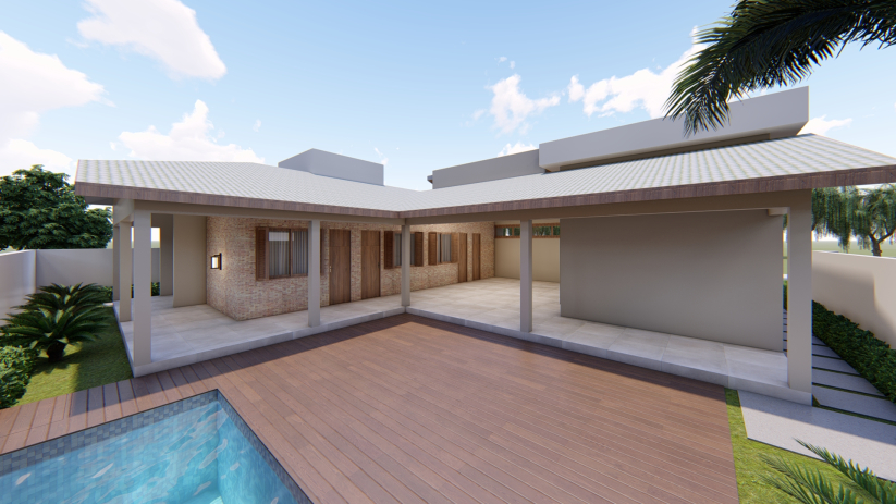 Planta de casa de chácara com piscina