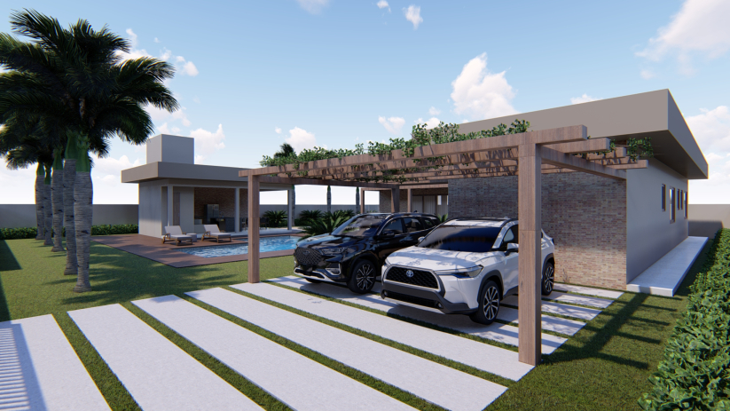 Planta de casa de chácara com pergolado