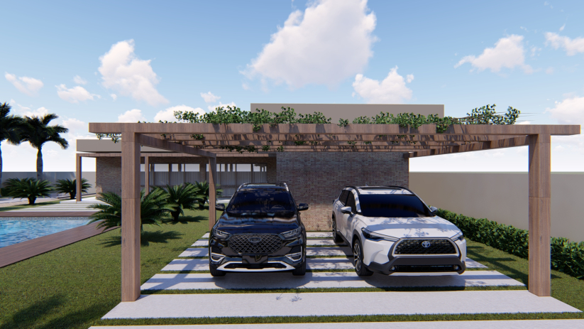 Planta de casa de chácara com garagem para 2 carros