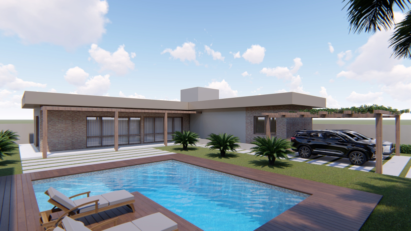Planta de casa de chácara com piscina