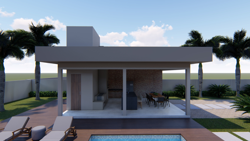 Planta de casa de chácara com área de churrasco separada