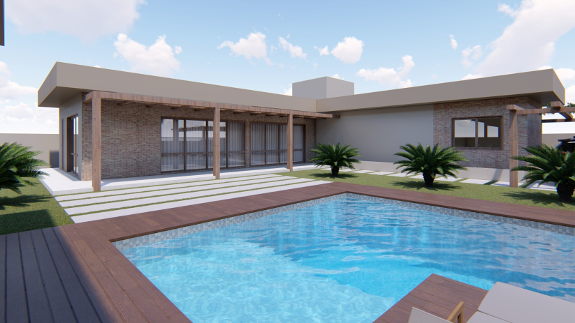 Planta de casa de chácara com área de piscina