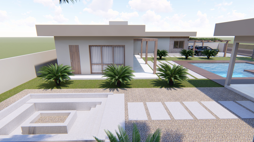 Planta de casa de chácara com fachada moderna