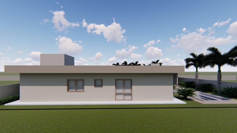 Planta de casa de chácara com fachada clean