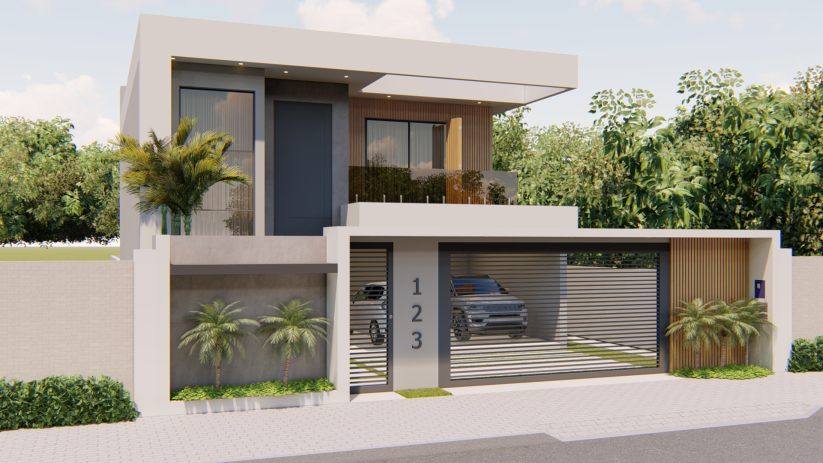 Planta de casa sobrado com fachada clean 