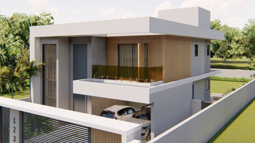 Planta de casa sobrado com sacada na frente