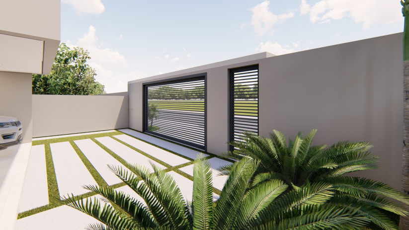 Planta de casa sobrado com muro e portão