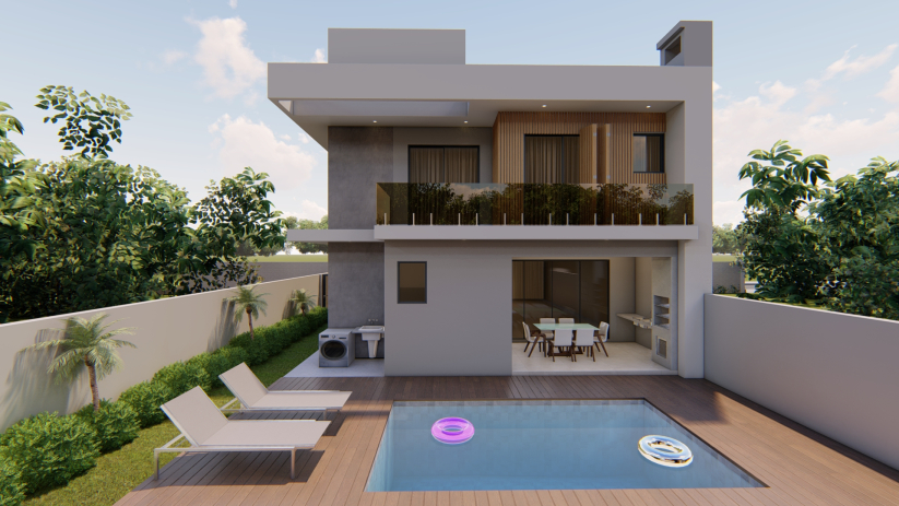 Planta de casa com área gourmet e piscina integrada