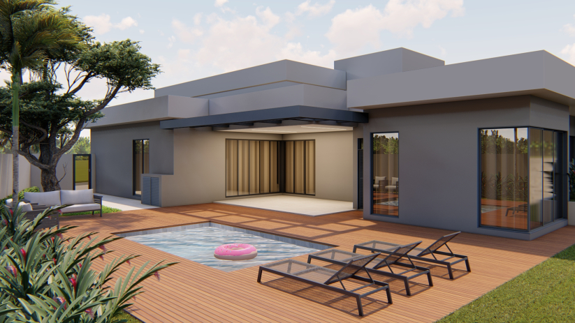 Planta de casa térrea com área de churrasco e piscina