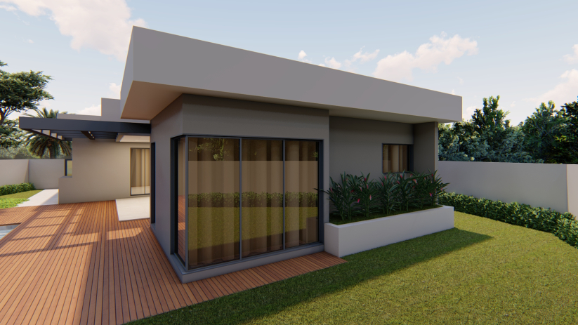 Planta de casa térrea com esquadria de vidro