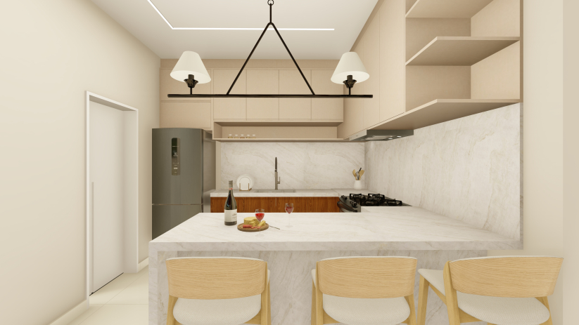 Planta de casa térrea com cozinha integrada