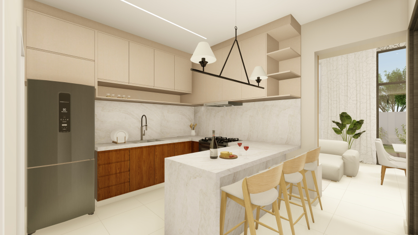 Planta de casa térrea com cozinha com balcão em U