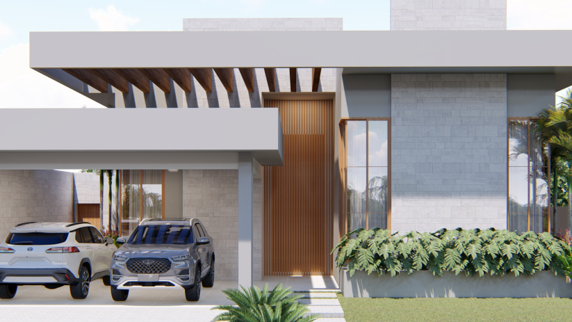 Planta de casa térrea com garagem para 2 carros