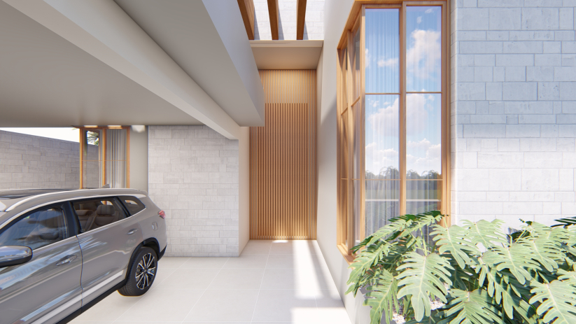 Planta de casa térrea com porta em madeira
