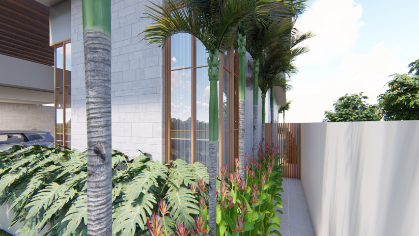 Planta de casa térrea com vegetação