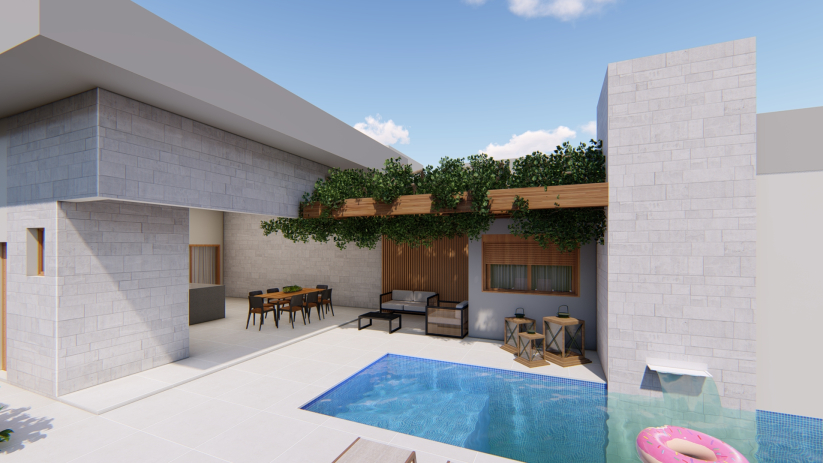 Planta de casa térrea com área gourmet integrada