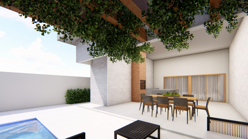 Planta de casa térrea com pergolado