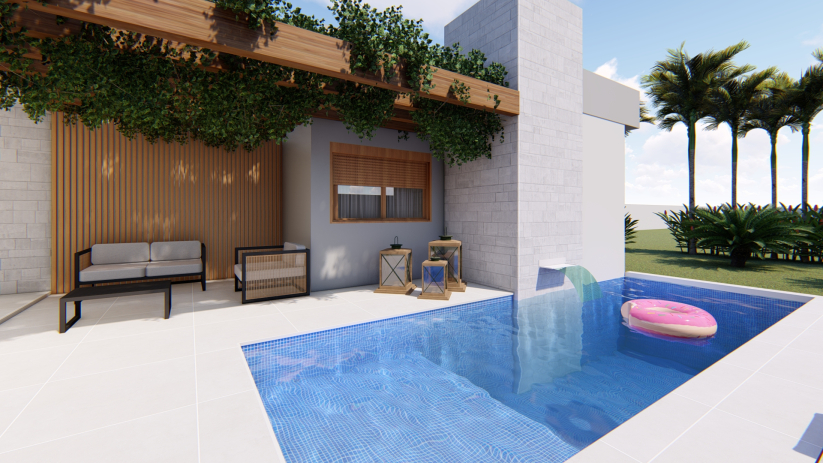 Planta de casa térrea com piscina