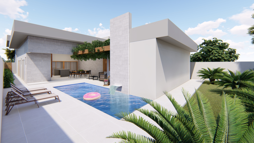 Planta de casa térrea com telhado embutido