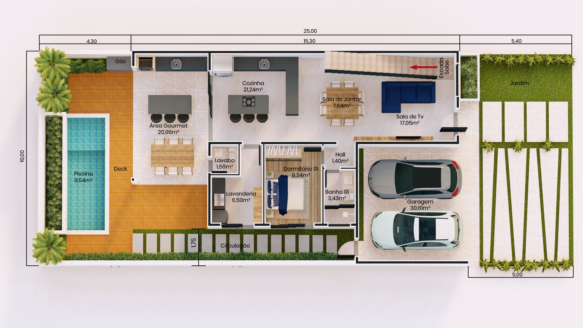 Planta de casa Sobrado com garagem para 2 carros.