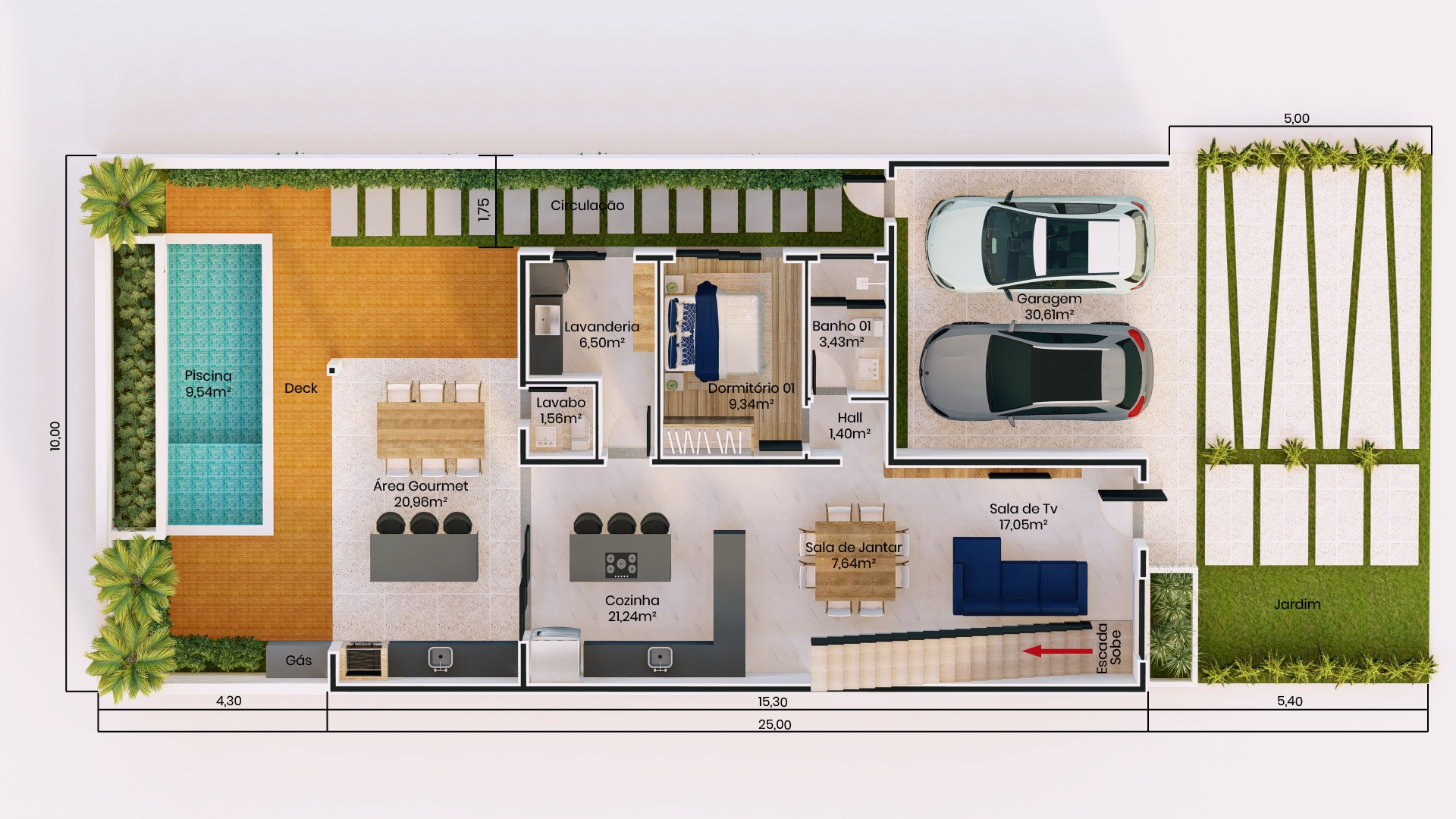 Planta de casa Sobrado com garagem para 2 carros.